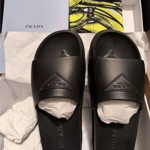 Prada Black Rubber Logo Slide Sandals